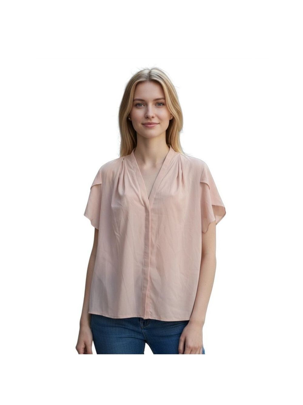 Calvin Klein V-Neck Tulip Sleeve Button Front Blouse In Blush Sz L